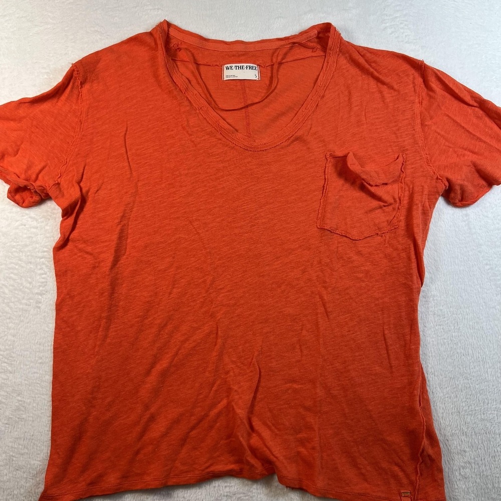 We The Free Shirt Womens Small Orange Slub V Neck Pocket Linen Cotton Tee